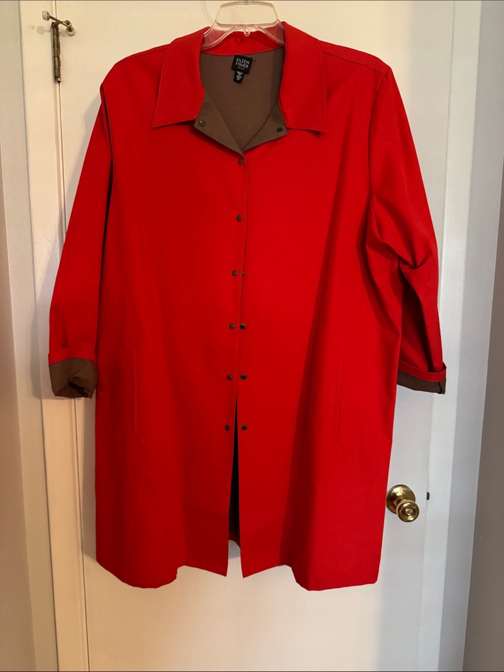 Eileen Fisher Red Button-Front Canvas Car Coat with Cocoa Trim NWT Sz 2X